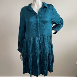 YOUNG FABULOUS & BROKE Teal Satin Tiered Long Sleeve Dress